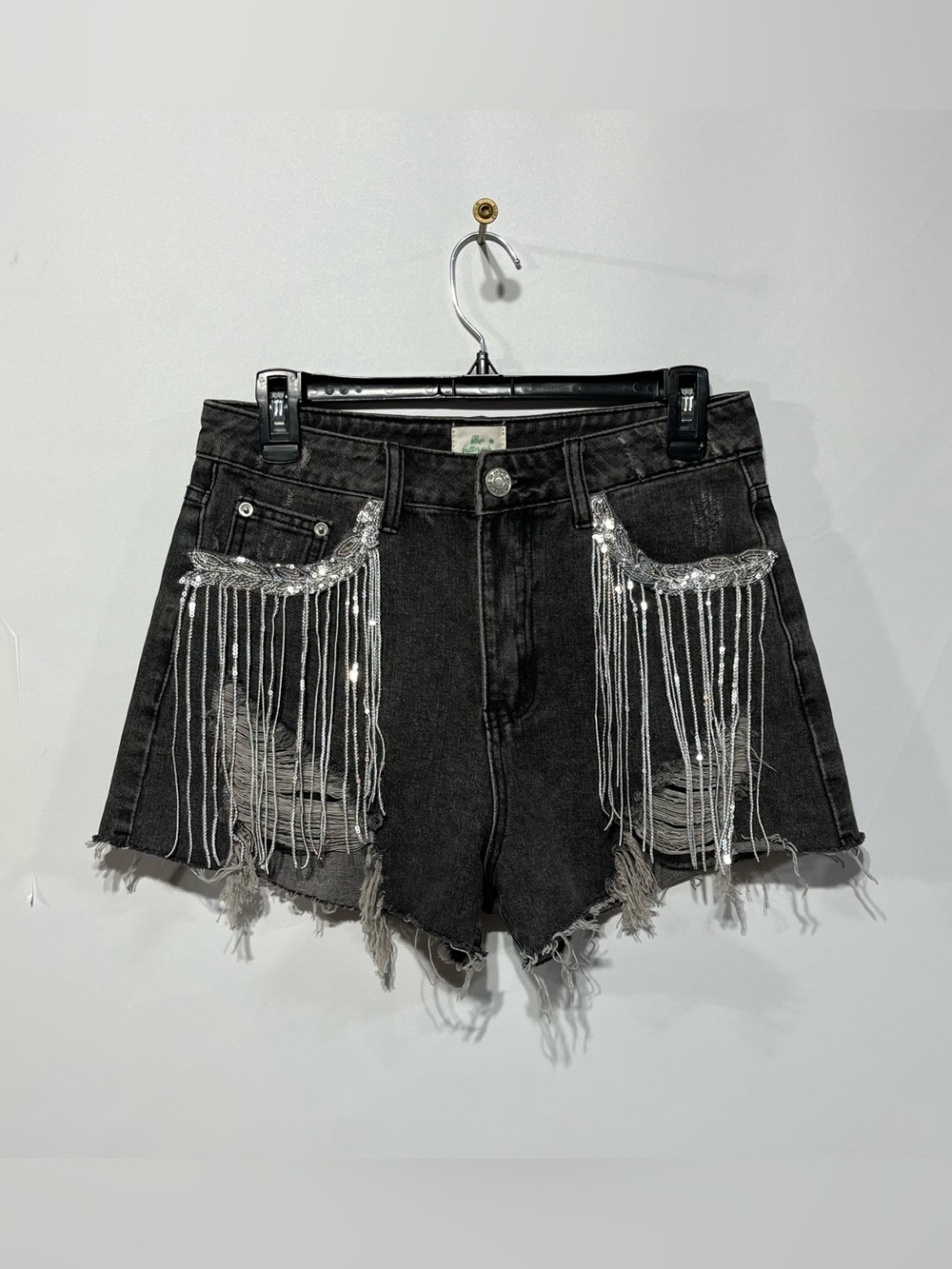 Blue Buttercup Black Denim Shorts with Silver‎ Sequin Fringe Size Small nwot